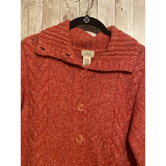 Women's L.L. Bean Wool Blend Button Up Collar Cardigan Cable Knit Sweater Medium - Picture 5 of 9